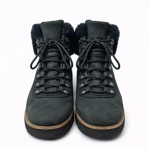 Cole Haan Black Shearling Trim Lace‑Up Winter Boots Size 8.5 B